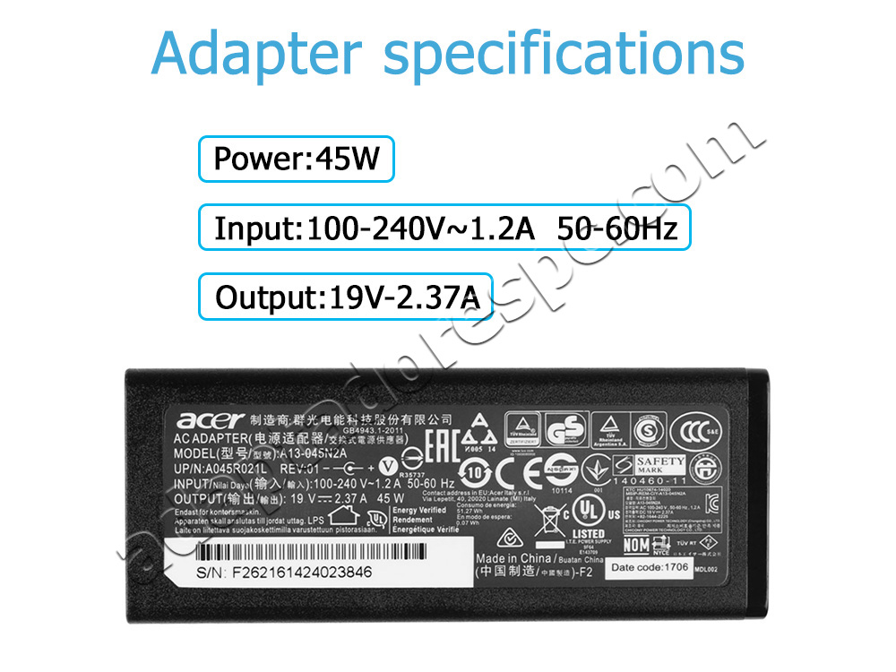 45W Adaptador AC Carregador Packard Bell EasyNote G71BM-26V0