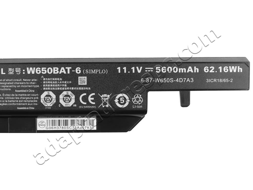 5600mAh 62.16Wh Bateria Clevo 6-87-W650S-4D7A4