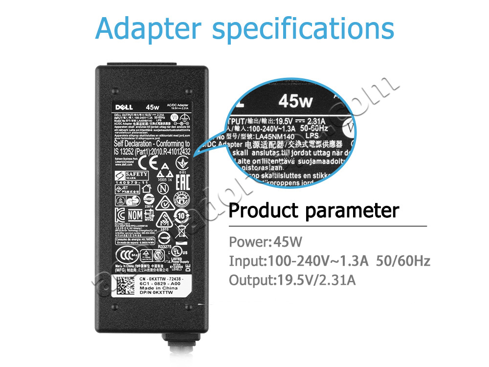 45W Dell Inspiron 14 7460 P74G Original Adaptador AC Carregador