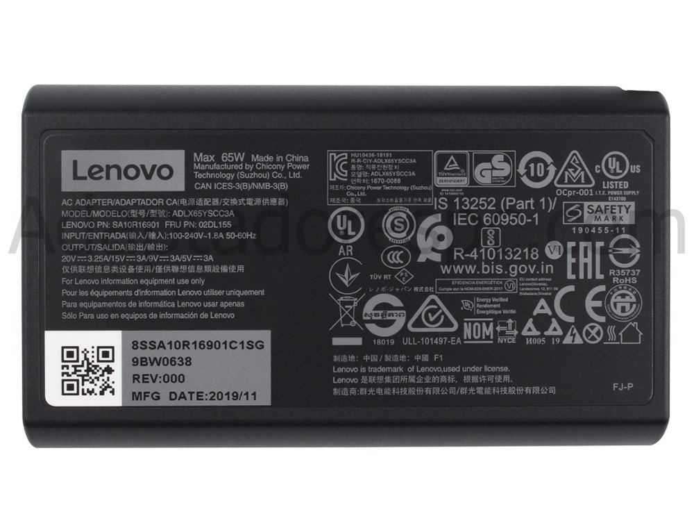 Original 65W USB-C Lenovo 5A10W86269 ADLX65YDC3E ADLX65UDGC2A Adaptador AC Carregador + Cabo